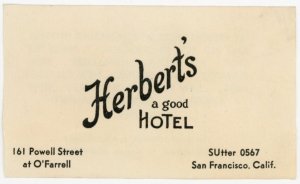 1930s Herbert's Hotel San Francisco, CA Business Card F219