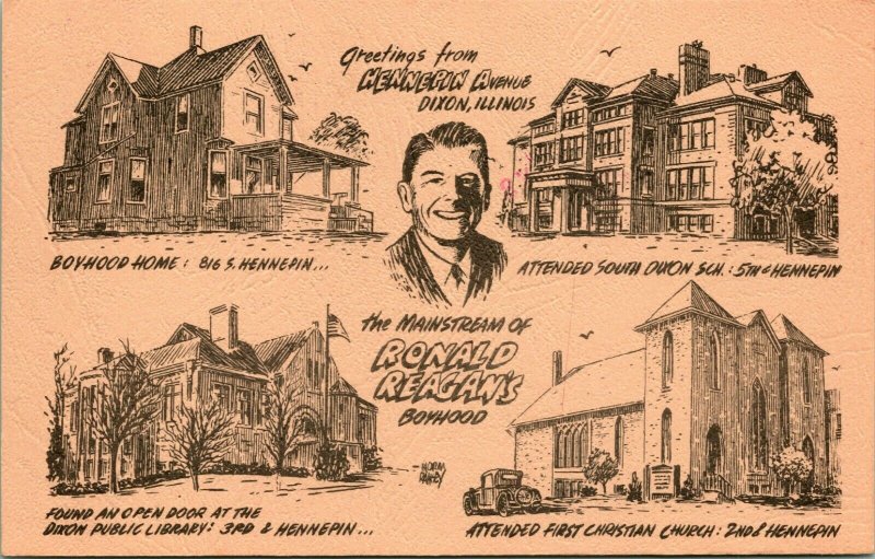 Vtg Postcard Dixon IL Greetiing's From Ronald Reagan's Boyhood Hennepin Avenue