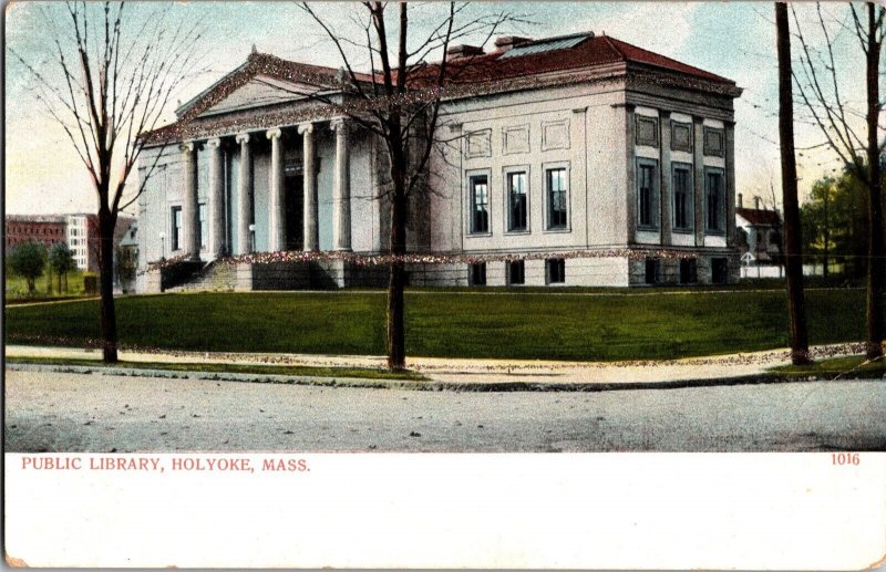 Public Library Holyoke MA, Glitter Accents Undivided Back Vintage Postcard L73 