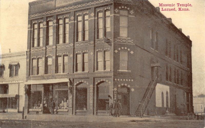 Larned Kansas~Masonic Temple~Grocery~Feed Store~Steps to Second Floor~1908 PC 