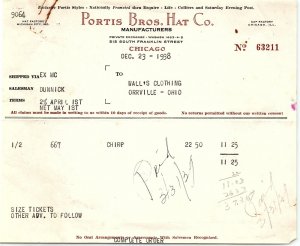 1938 PORTIS BROS HAT CO.  515 S. FRANKLIN ST CHICAGO IL BILLHEAD INVOICE Z1195