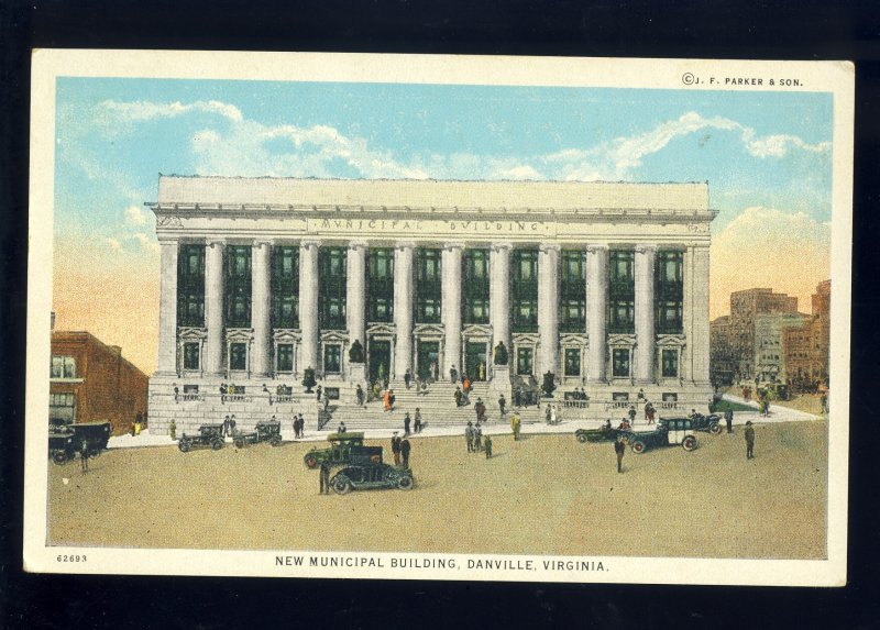 Danville, Virginia/VA Postcard, New Municipal Building, Old Cars