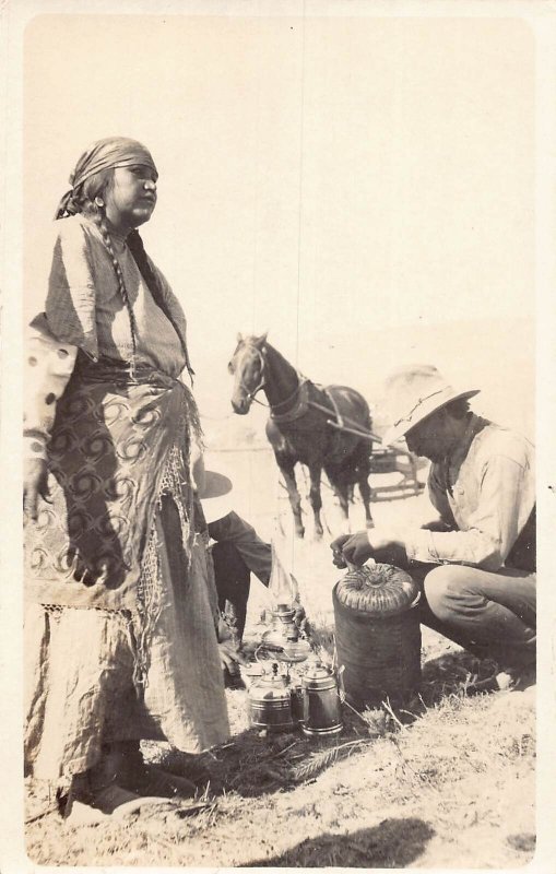 J85/ RPPC Postcard c1910 Native American Indian Selling Cowboy 426