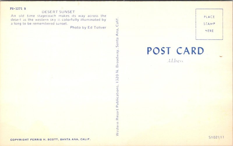 Stagecoach at Sundown, Greetings From Baker CA Vintage Postcard Y37