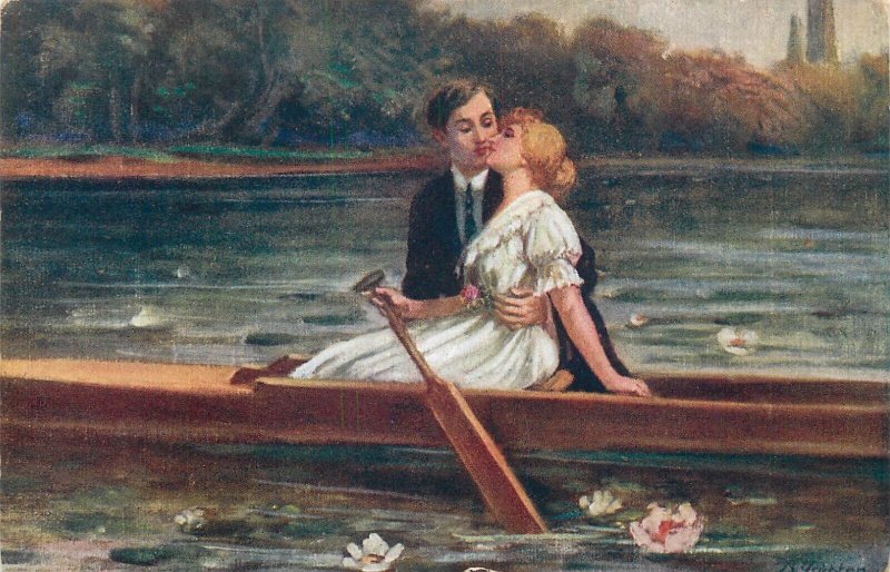 Romantic couple love idyll painting Richter lovers in a rowboat kiss