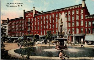 Vtg 1910s Woodruff Hotel Public Square Fountain Watertown New York NY Postcard