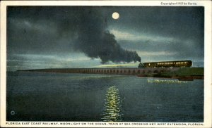Key West Florida East Coast Railway Moonlit Train Crossing  Vintage Postcard