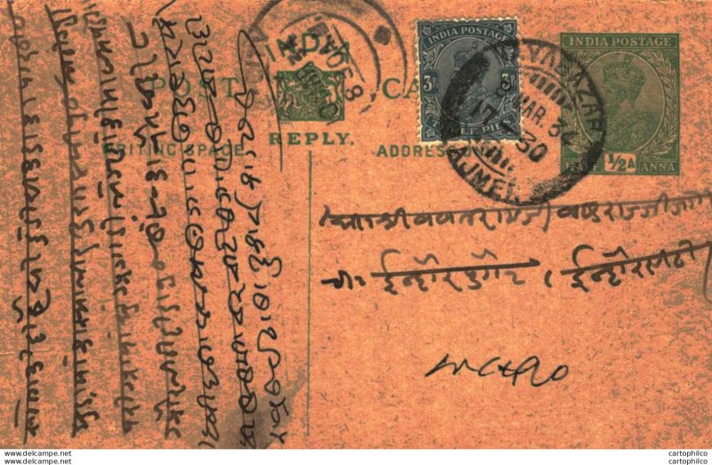India Postal Stationery George V 1/2 A  Naya Bazar cds Ajmer cds