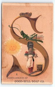 c1880 GOOD-WILL SOAP CO. LETTER S GRASSHOPPER VICTORIAN TRADE CARD Z1376