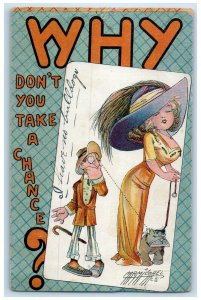 c1910's Woman Widow Hat Dog Why Don't You Take A Chance Carmichael Postcard