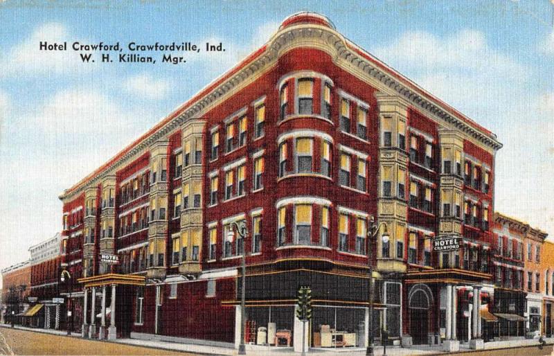 Crawfordville Indiana Hotel Street View Antique Postcard K105984