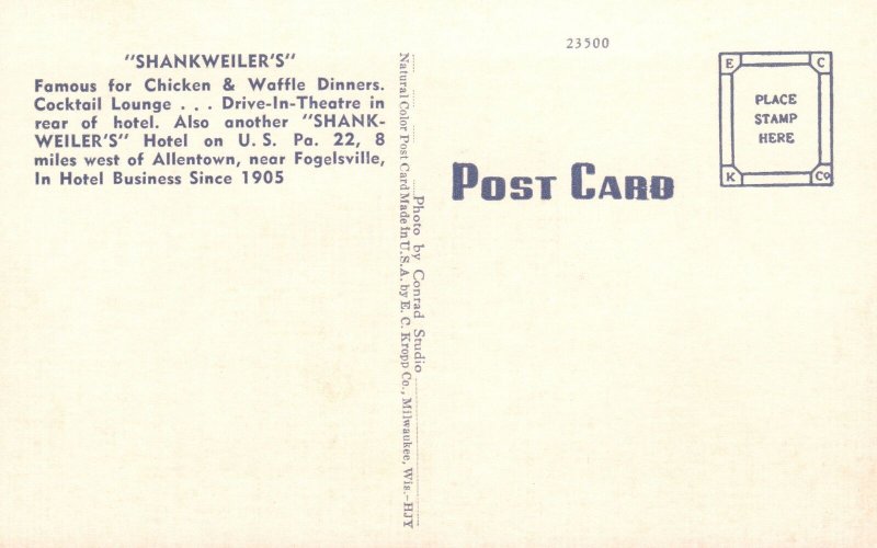 Vintage Postcard 1930's Shankweiler's Hotel Allentown & Slatington