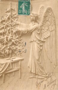 Christmas greetings 1900s drawn angel Christmas tree fantasy postcard