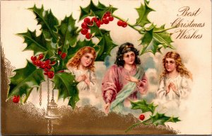 Postcard Best Christmas Wishes children angel? Embossed