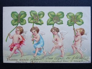 French New Year BONNE ANNÉE Cherubs Dancing & Four Leaf Clover c1904 UB Postcard