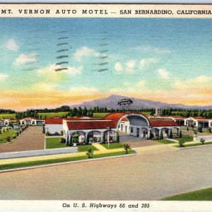 c1940s San Bernardino, CA Mt. Vernon Auto Hotel Linen PC Roadside Sign 66 A293