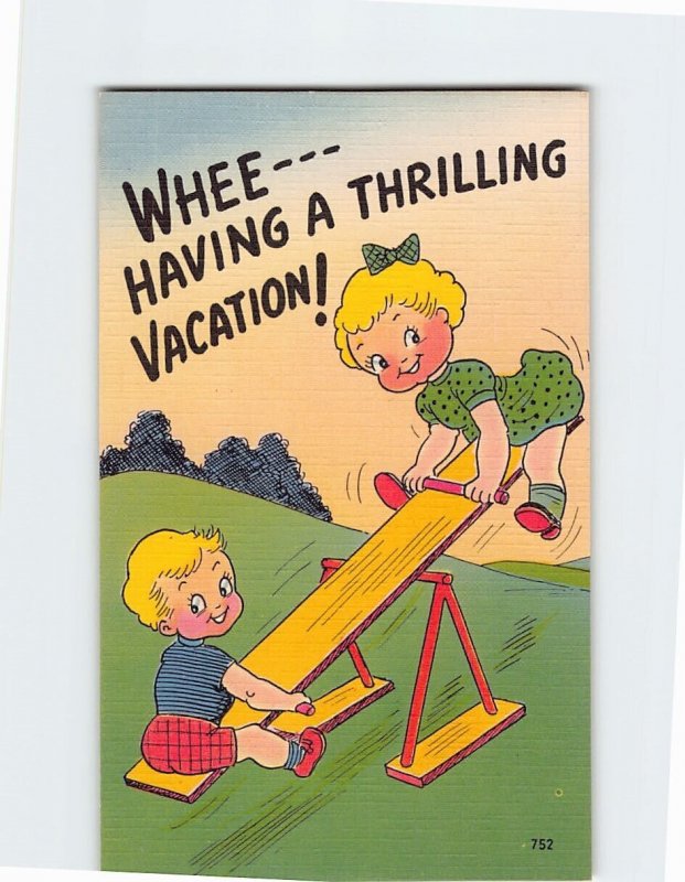 Postcard Whee---Having A Thrilling Vacation!, Children Teeter Comic Art Print