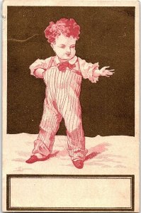 c1880 TODDLER BOY IN STRIPED OVERALLS VICTORIAN TRADE CARD 41-31