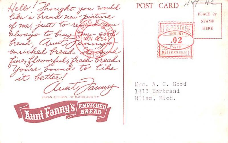 Aunt Fanny's Enriched Bread Advertising 1954 Ink Stamp 