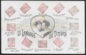 FRANCE Stamps on Postcard Language of Stamps Man & Lady in Heart Used c1906