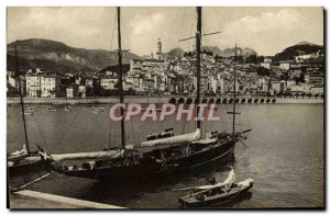 Old Postcard Menton Harbor and Old Town Boat