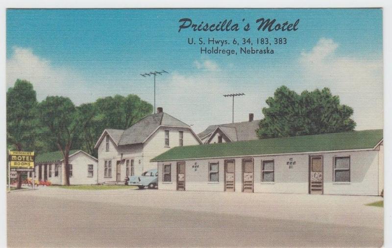 Old HOLDRIDGE Nebraska Nebr Postcard ROADSIDE Priscilla's Motel Rooms Car