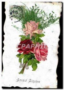 Old Postcard Fancy Amitie sincere (pink flowers) Beautiful embossed decoration