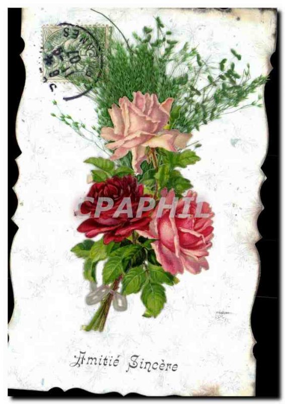 Old Postcard Fancy Amitie sincere (pink flowers) Beautiful embossed decoration