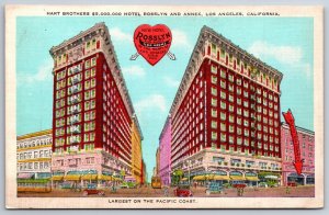 Los Angeles California~Hart Brothers Hotel Rosslyn & Annex~Vtg Linen Postcard