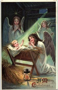 c1910 MERRY CHRISTMAS NATIVITY BABY JESUS ANGELS EMBOSSED POSTCARD 39-235