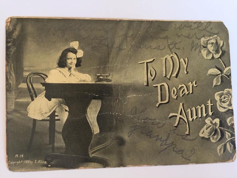 To My Dear Aunt c1908 by S. Kline Young School Girl Desk Roses Black White   A1 