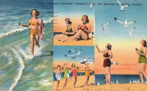 1945 Tourists Enjoying Swimming Beaches of Sunny Florida FL Vintage Postcard