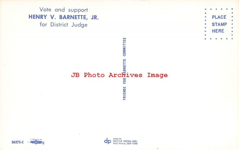 Politcal Advertising Postcard, District Judge Henry V Barnette Jr