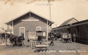 J50/ West Unity Ohio RPPC Postcard c1910 C.N. Railroad Depot Station  76