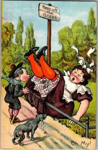 Comic Keep Off the Grass, Kid Blows Fat Lady Over Vintage Postcard P15