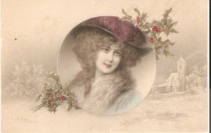 Wichera. Pretty lady. Flowers branch Old vintage M.M. Vienne Nr. 590 postcard