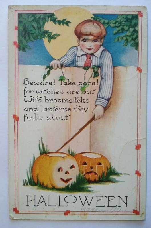 Vintage Halloween Postcard Whitney Boy Behind Fence JOL Hyattsville MD Original