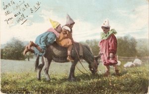 Funny children with a horse Curious old vintage French postcard