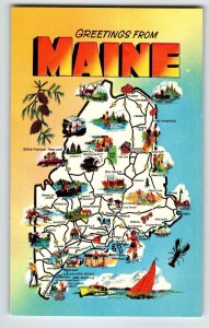 Postcard Greetings From Maine Map Chrome State Ocean Lobster Beach Boats Unused