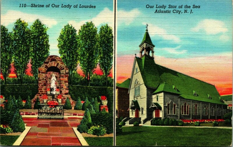 Atlantic City NJ Our Lady of Lourdes Star of the Sea Churh Vtg Linen Postcard