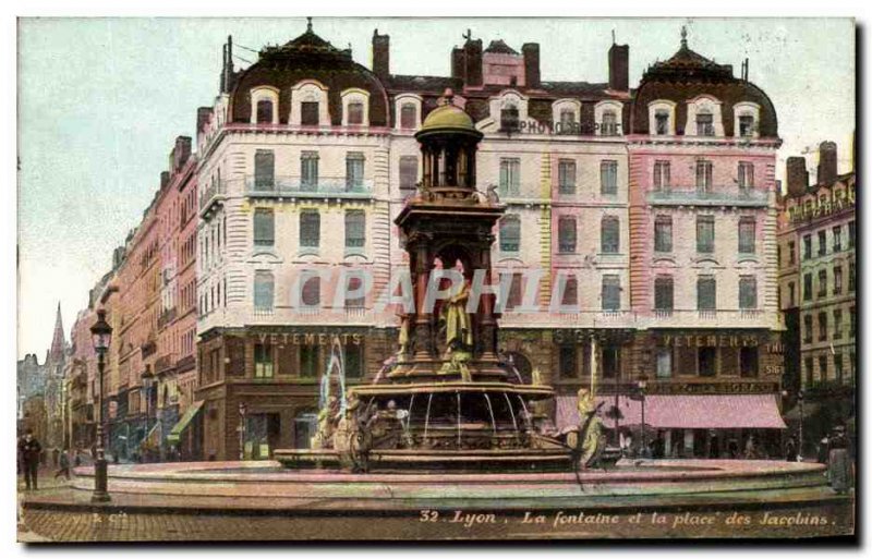 Old Postcard Lyon La Fontaine and Place des Jacobins