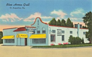 ST AUGUSTINE FLORIDA~BLUE HERON GRILL-WORLD'S FINEST FRIED SHRIMP~1940s POSTCARD