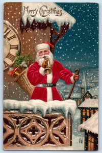 Christmas Santa Claus Basket Toys With Trumpet Snow Winter Scene Silk Postcard