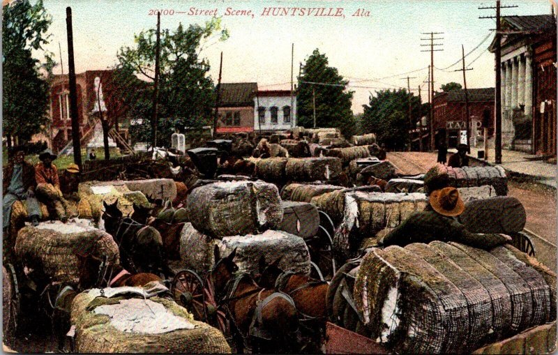 Wagons Loaded with Cotton Bales, Street Scene Huntsville AL c1907 Postcard T59