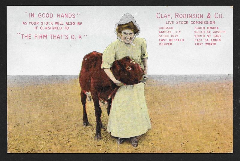 Girl w/Cow Clay Robinson & Co Live Stock Sellers used c1909