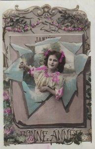 RP: NEW YEAR, 1910-20s; Bonne Annee, Girl bursting out of January, Calendar