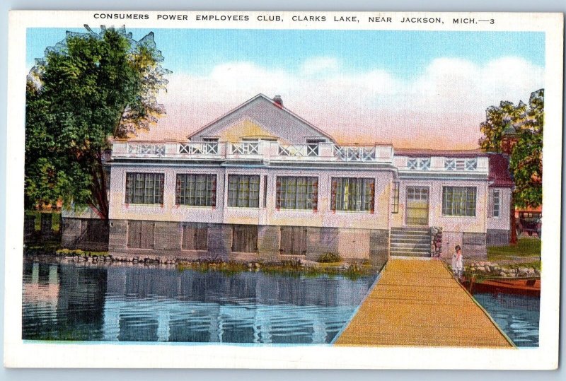 Jackson Michigan Postcard Consumers Power Club Clarkes Lake c1940's Vintage