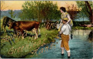 Man Carries Woman Across Stream, Going Milking In Greenleaf KS Vtg Postcard G30