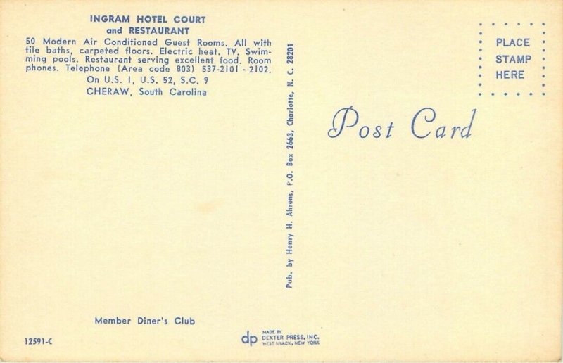c1950s Cars - Ingram Hotel & Restaurant, Cheraw, South Carolina Vintage Postcard