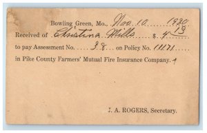 1930 Mutual Fire Insurance Company Advertising Bowling Green MO Vintage Postcard